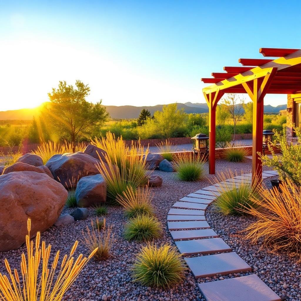 Desert xeriscape landscape at golden hour with native grasses, boulders and a flagstone path in Flagstaff